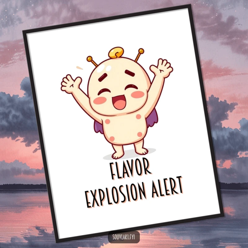 Funny souvlaki poster displaying a character exclaiming with joy and raised arms, perfect wall art for food lovers.