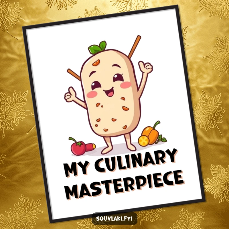 Funny Poster: Souvlaki character in a funny, proud pose with its ingredients, a delicious and humorous piece of wall art.