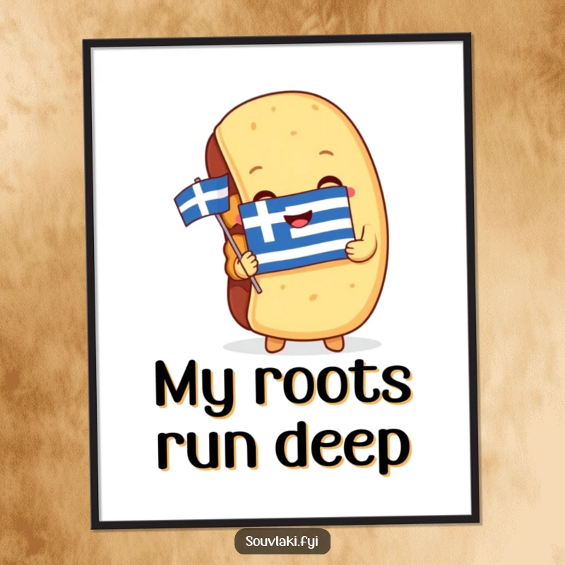 Funny Poster: A souvlaki embraces a miniature Greek flag, creating vibrant, humorous, and patriotic wall art.