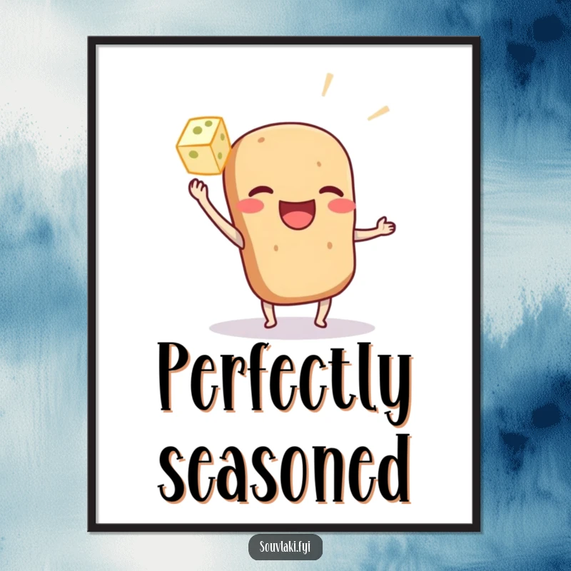 Funny souvlaki poster playfully tossing a tiny feta cube, capturing appetizing Greek food humor for wall decor.