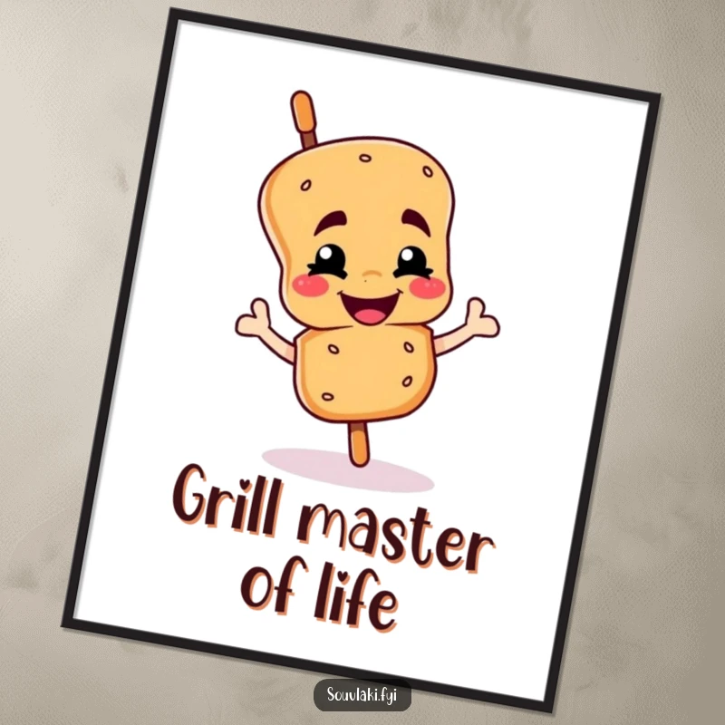 Funny souvlaki skewer poster showcasing a smiling character giving a proud wink, a humorous wall art funny gift.