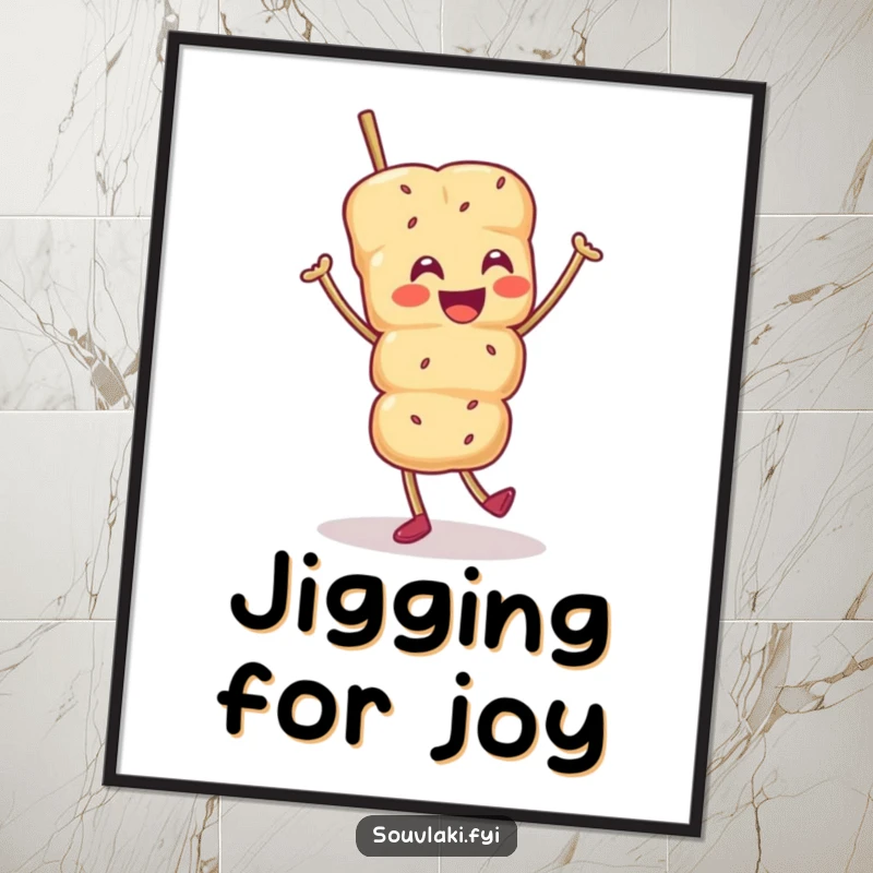 Funny poster art of a smiling souvlaki skewer character energetically dancing a joyful jig, celebrating food and festive cheer.