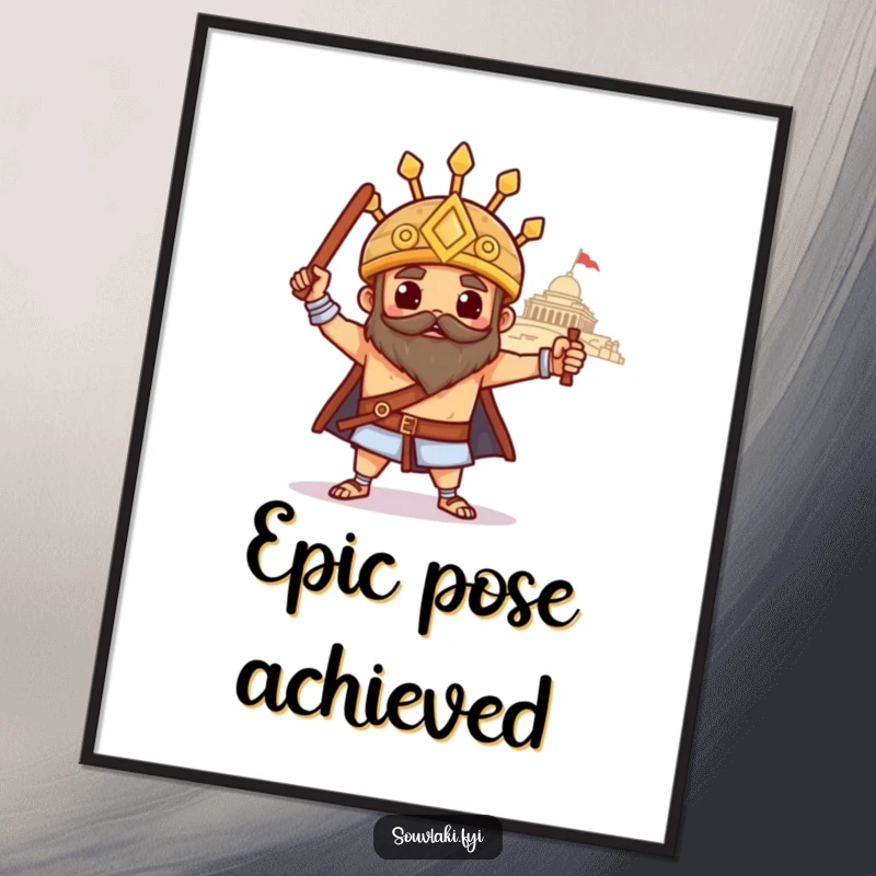 Funny souvlaki poster, a proud Greek skewer strikes a heroic pose against a distant temple, bringing epic art home.