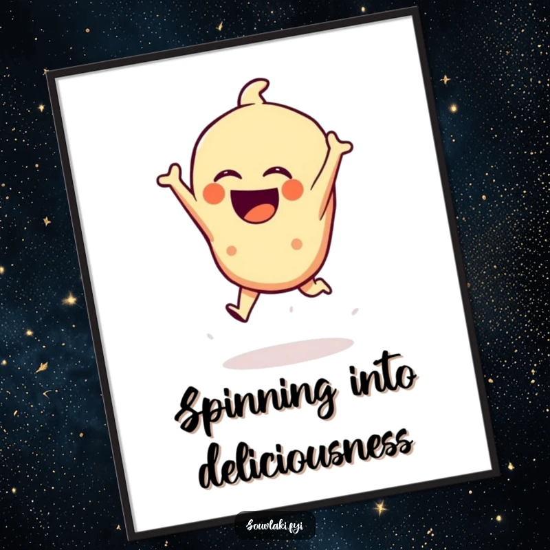 Funny Spanakopita Poster: A laughing spanakopita character performs a breathtaking leap, captured in a dynamic and humorous piece of art.