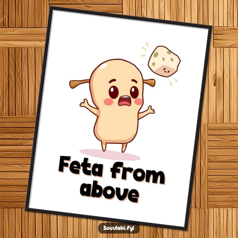 Funny Poster: Souvlaki character comically wide-eyed, surprised by a flying feta cube.