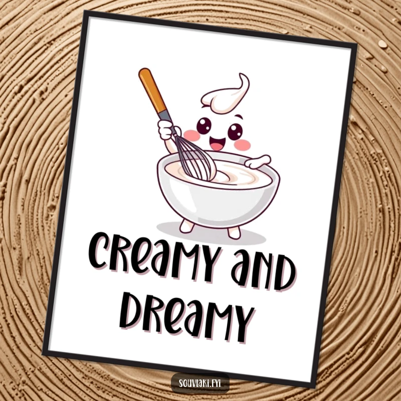 Funny delighted whisk character happily stirring tzatziki, presented as a vibrant art print.