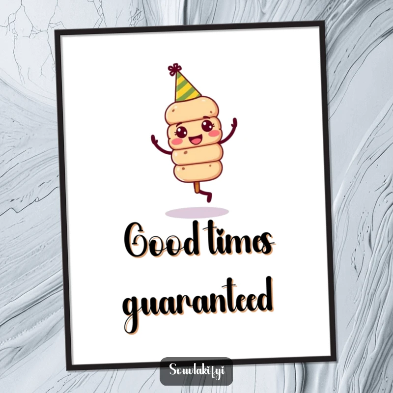 Funny Souvlaki Skewer Dance Poster: A jovial souvlaki skewer in a party hat is depicted dancing with abandon.