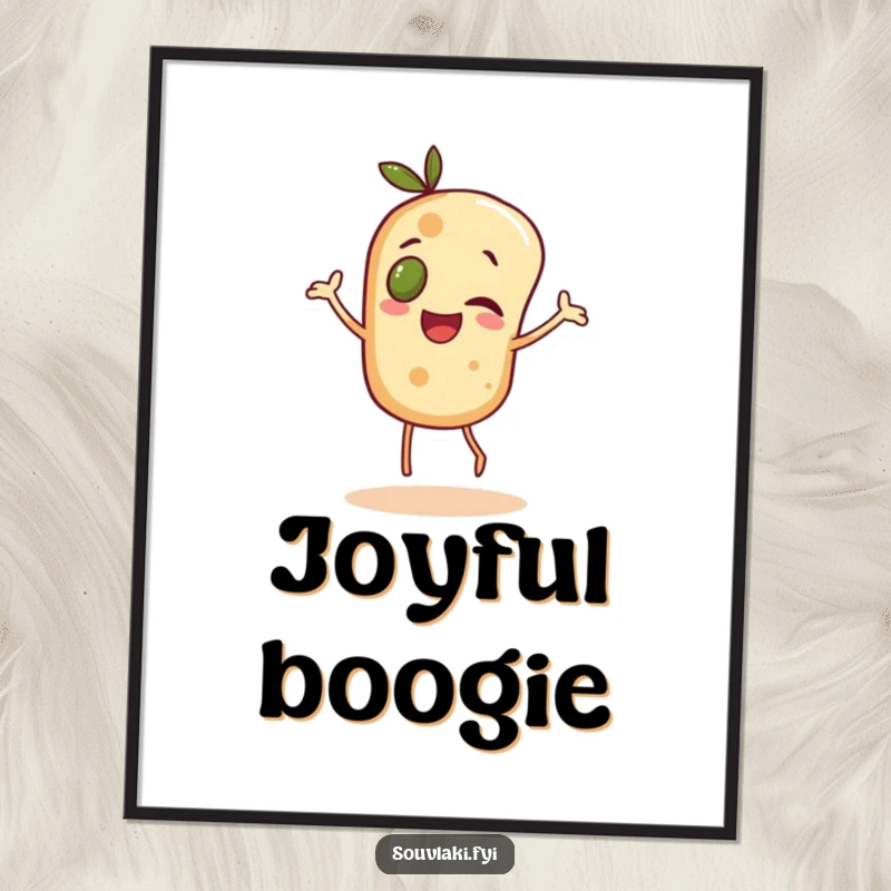 Funny cheerful pita bread character with an olive eye doing a joyful dance, presented as wall art.