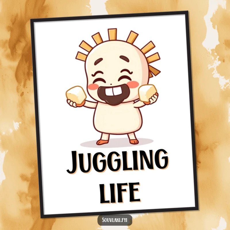 Funny Poster depicting a grinning souvlaki character skillfully juggling small cubes of feta cheese, showcasing culinary talent.