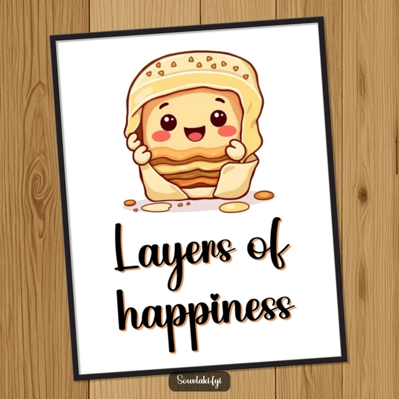 Funny happy baklava character peeling layers with a smile, presented as a vibrant art print.