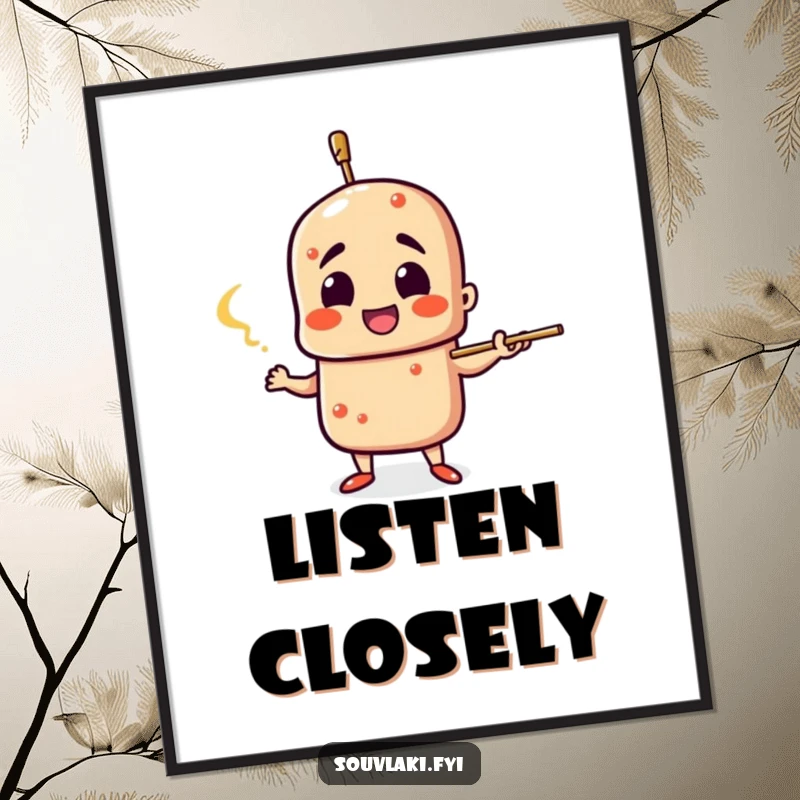 Funny Souvlaki Poster: A souvlaki skewer character gestures dramatically, creating a humorous and expressive piece of wall art.