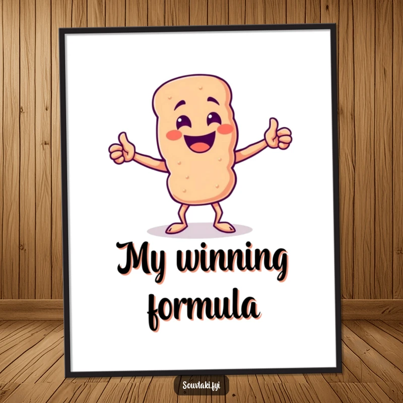 Funny Souvlaki Skewer Victory Poster: A proud souvlaki skewer character strikes a triumphant pose, radiating joy and humor.