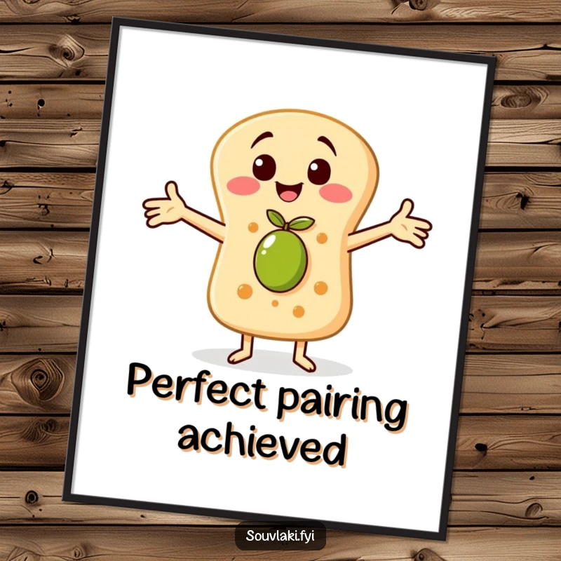 Funny poster art of a cheerful pita bread character with arms outstretched, lovingly embracing a tiny olive, symbolizing warmth.