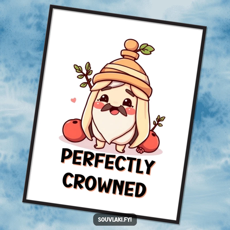 Funny souvlaki poster, a happy Greek skewer proudly wears a miniature amphora hat, adding quirky charm to walls.