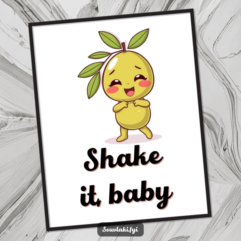 Funny olive poster featuring a giggling character in a silly dance, a piece of art full of comical movement and joy.