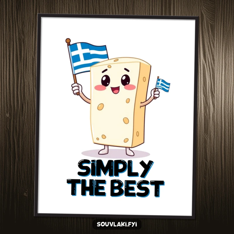 Funny poster art of a proud feta cheese character standing tall, holding a small Greek flag, embodying culinary pride and heritage.