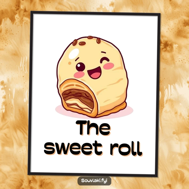 Funny Poster: A happy baklava character with nutty layers comically attempts to roll downhill, creating a delightful and humorous scene.