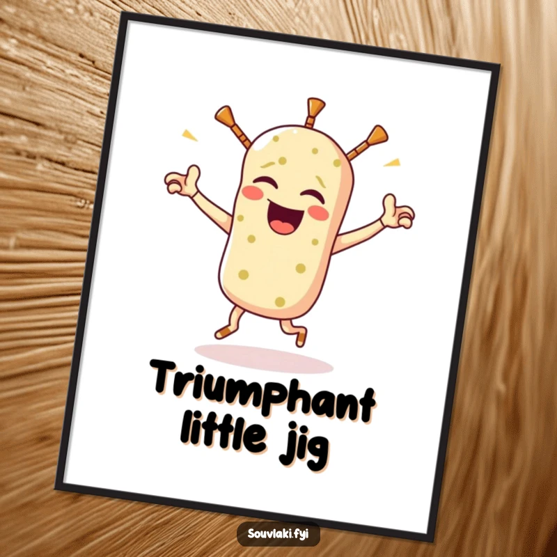 Funny souvlaki poster featuring a winking Greek food character in a triumphant jig, bringing artistic humor and delicious vibes to any room.