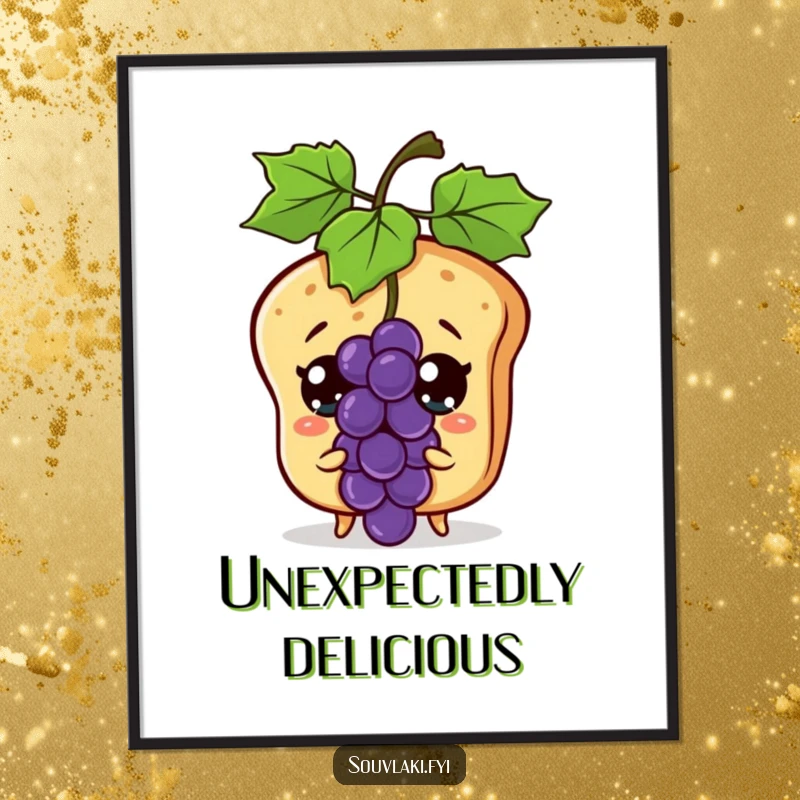 Funny pita bread character with wide eyes reacting to a flying grape, as a humorous art print.
