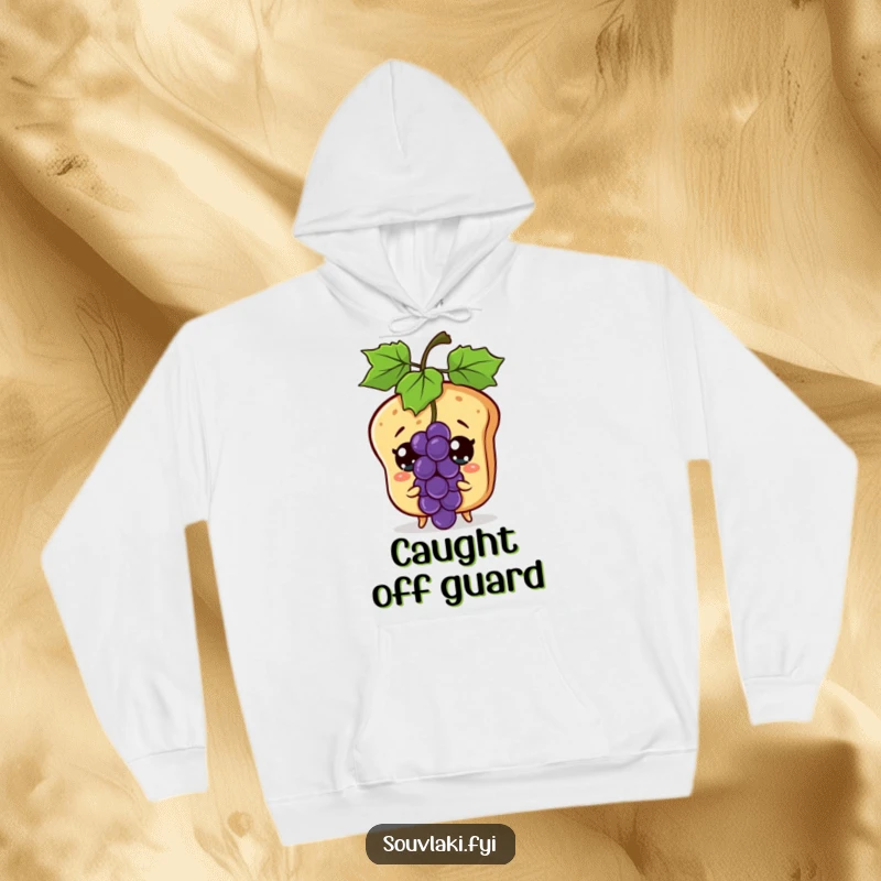 Funny pita bread character looking shocked at a grape, featured on a soft, warm hoodie.