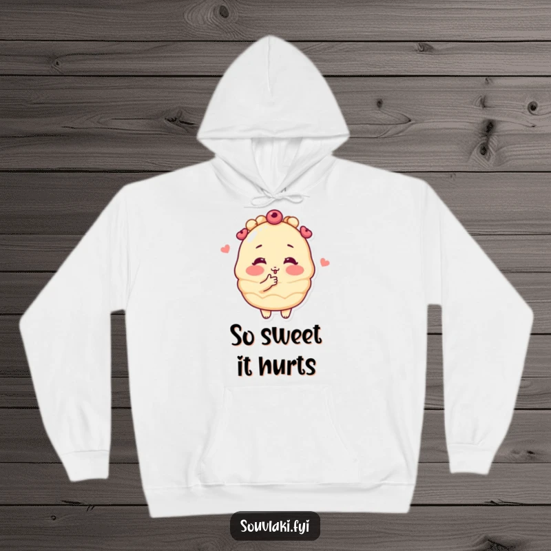 Funny baklava pastry character blushing and blowing a kiss on a comfortable hoodie, ideal for cozy, humorous, and sweet-themed gifting.
