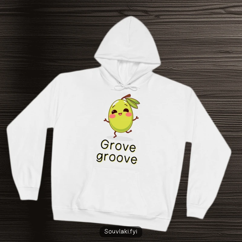 Funny giggling olive with legs dancing silly moves on a cozy hoodie. A comfortable and amusing apparel choice, ideal as a funny gift.