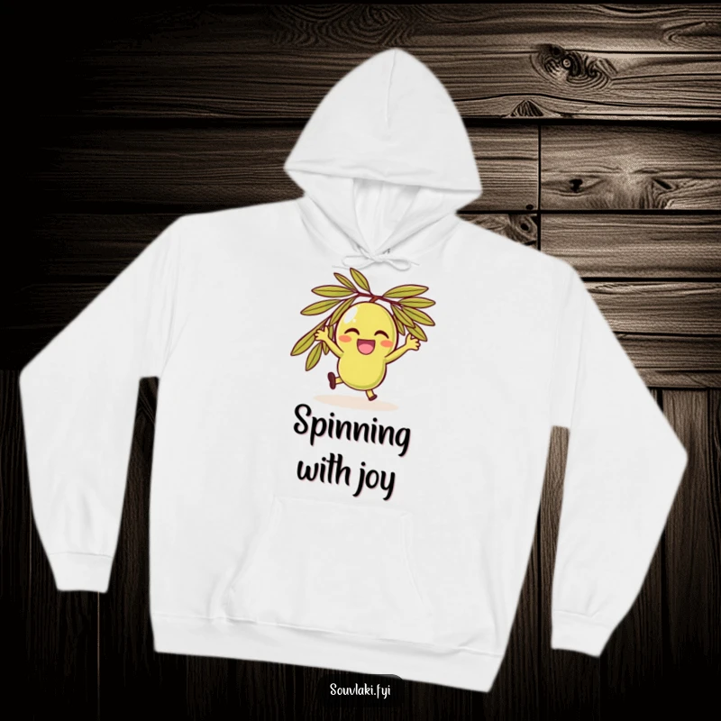 Funny delighted olive character spinning, a warm and joyful hoodie design.