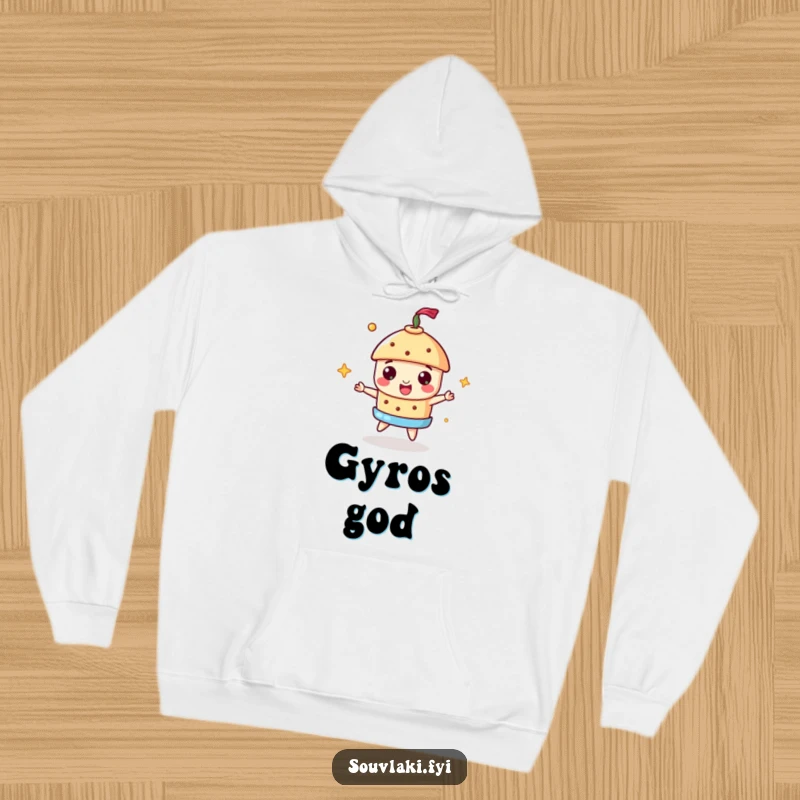 Funny Souvlaki Hoodie featuring a cheerful souvlaki spinning a miniature gyros, ideal for foodies and humor enthusiasts.