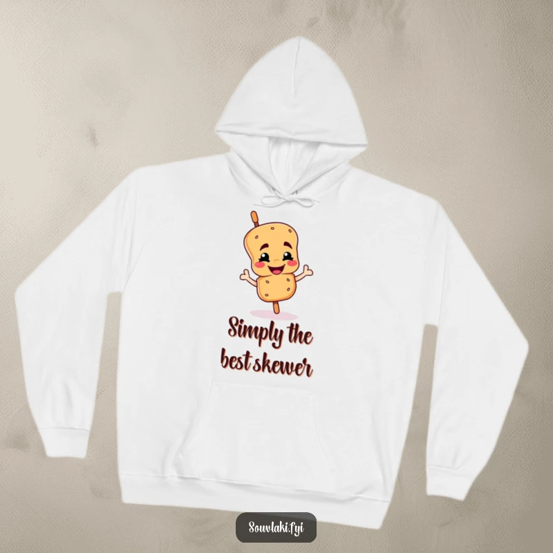 Funny souvlaki skewer hoodie featuring a smiling character giving a proud wink, ideal cozy funny gift attire.