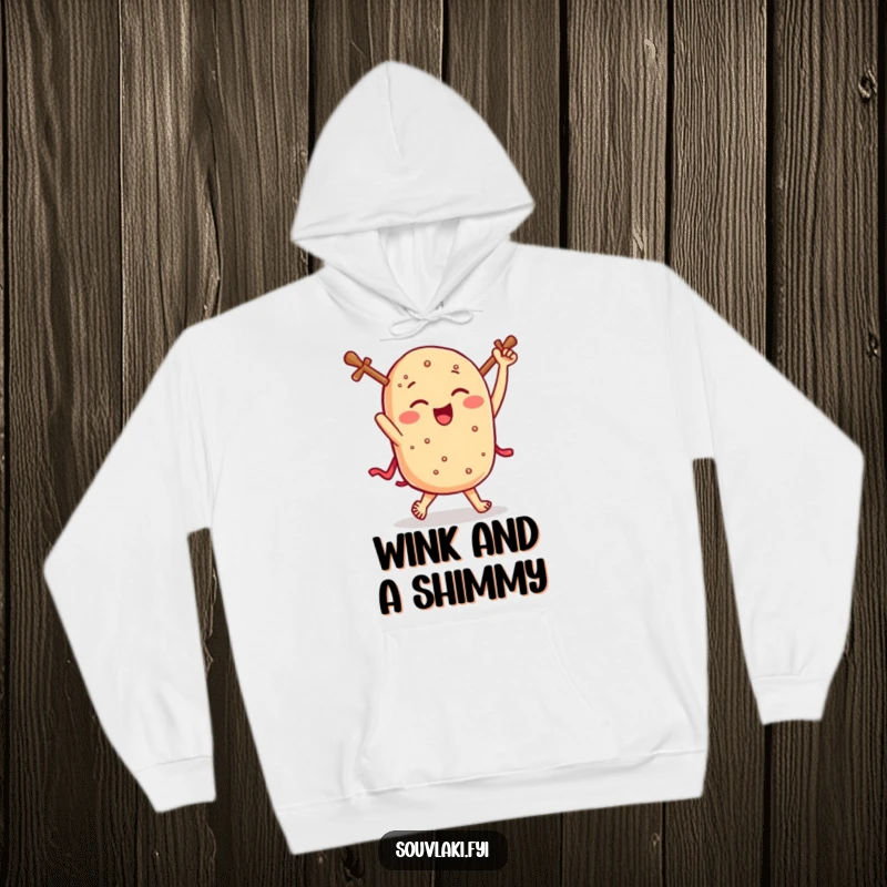 Funny souvlaki hoodie, a winking Greek skewer dances with glee, bringing warmth and hilarious food-themed joy.