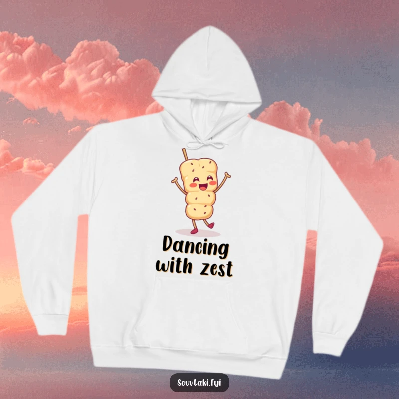 Funny hoodie with a smiling souvlaki skewer character dancing a jig, offering warm, humorous comfort and food-themed fun.