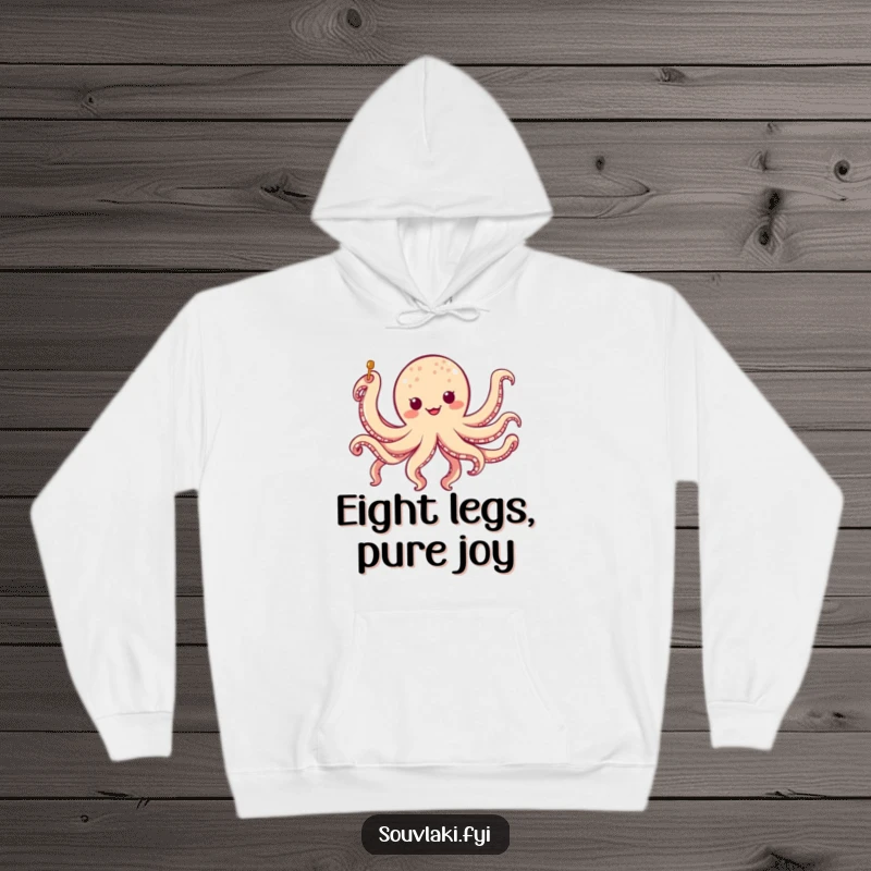 Funny chubby octopus skewer hoodie with a character doing a silly eight-legged jig, a warm and humorous funny gift.