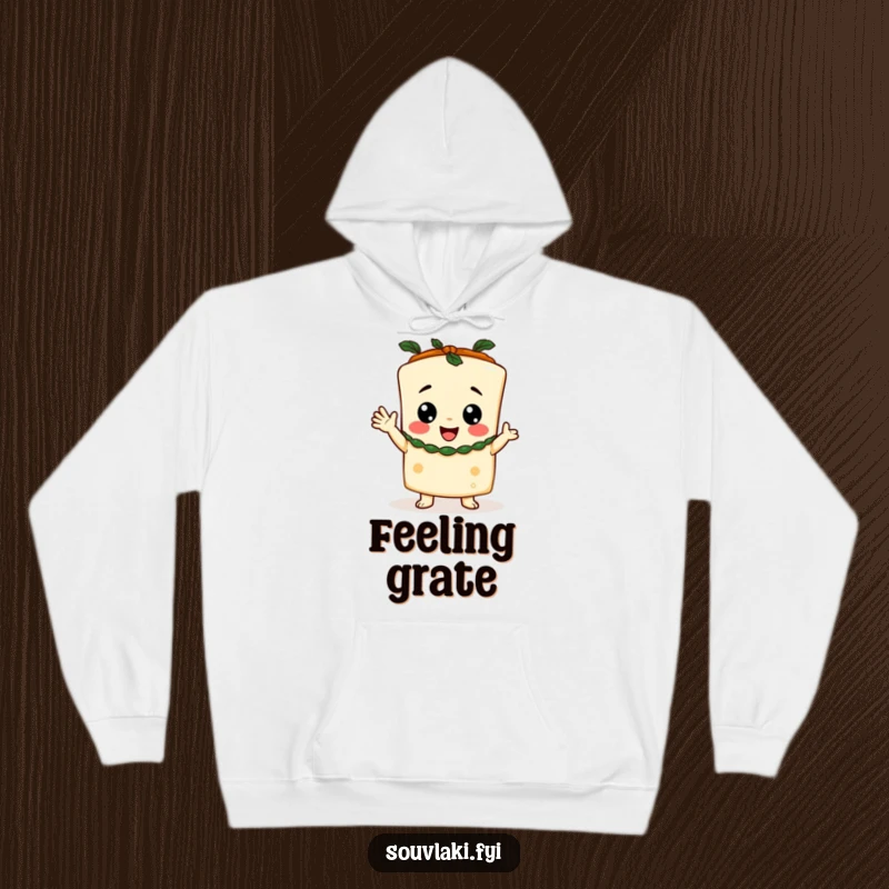 Funny Hoodie featuring a happy feta cheese character in a toga, exuding infectious cheer and coziness.