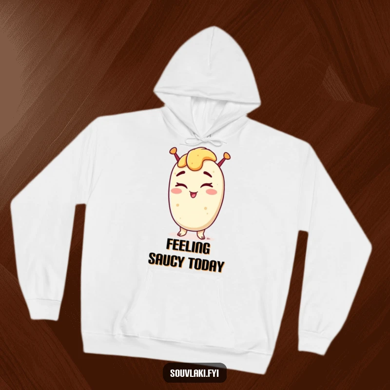 Funny hoodie featuring a confident souvlaki winking with a cheeky grin, offering warmth and a humorous nod to Greek cuisine.