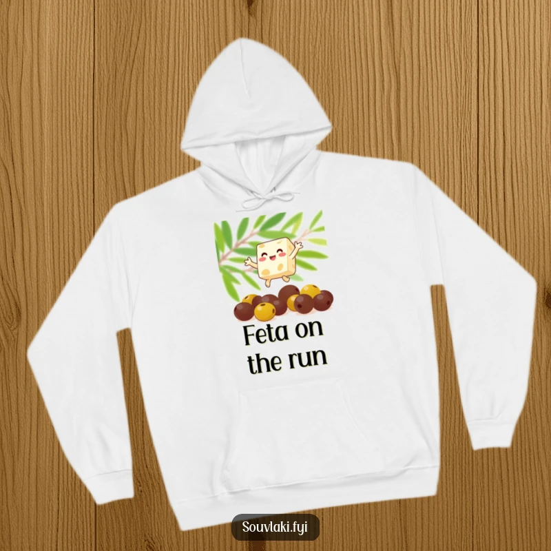 Funny feta cheese cube leaping over olives on a cozy hoodie. A comfortable and amusing apparel choice, ideal as a funny gift.