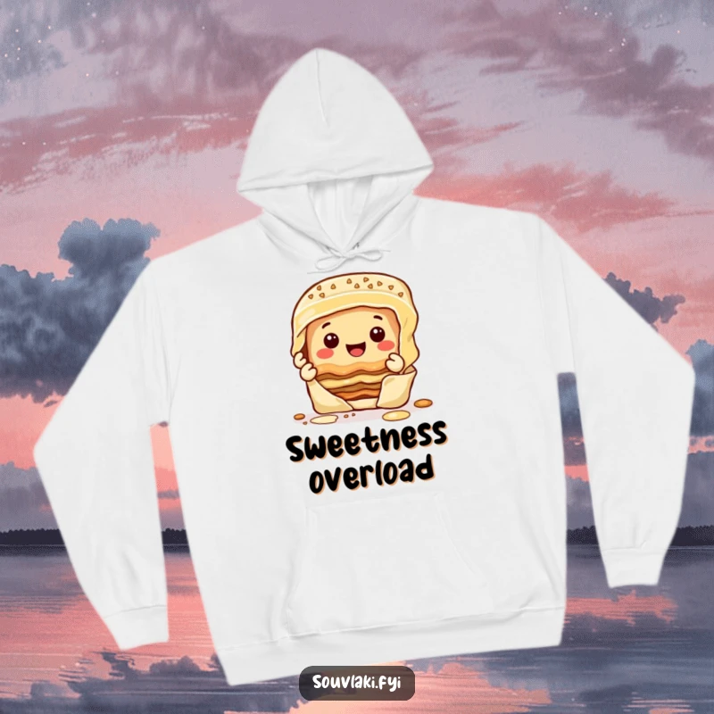 Funny happy baklava character peeling layers with a smile, featured on a comfortable, warm hoodie.
