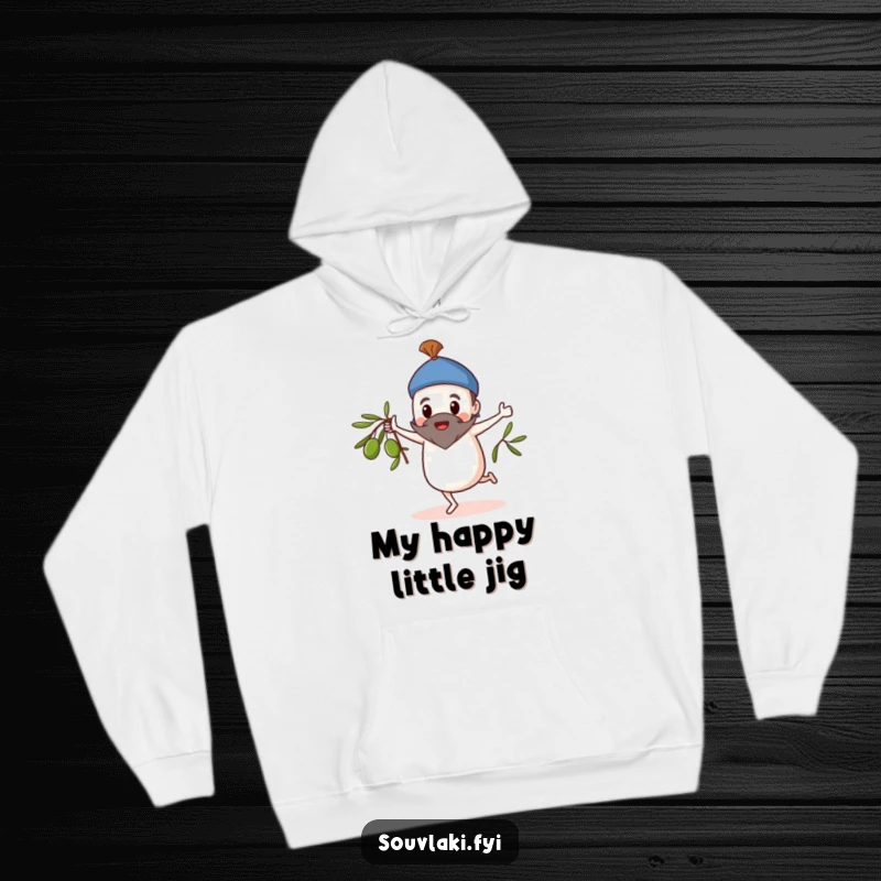 Funny Hoodie: Souvlaki character in a whimsical dance pose, spinning an olive branch playfully.