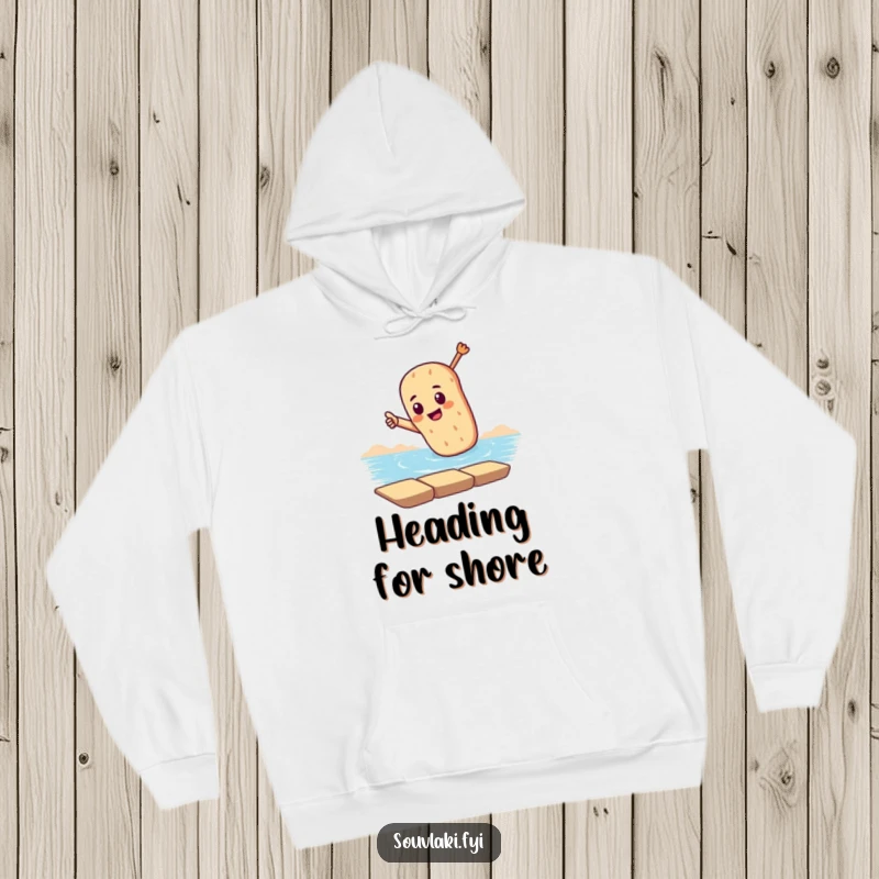 Funny hoodie featuring a souvlaki dramatically pointing towards the sea, offering warmth and a humorous reminder of seaside adventures.