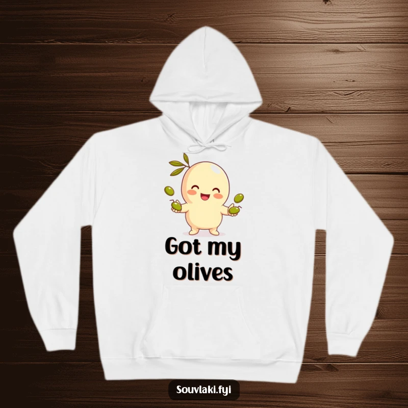 Funny Gyro Hoodie: A smiling gyro character juggles small olives, offering a cozy and humorous addition to your wardrobe.