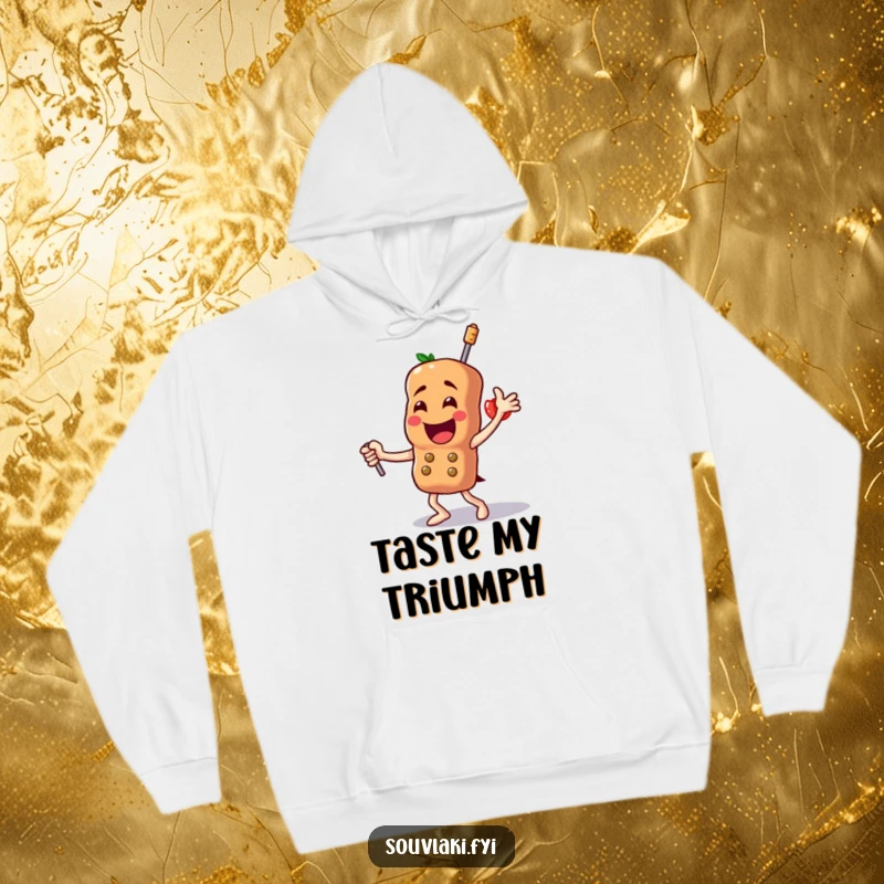 Funny Souvlaki Hoodie: A proud skewer character celebrates its deliciousness with a triumphant dance, perfect for cozy evenings.