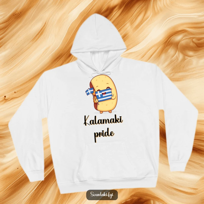 Funny Hoodie: A souvlaki character embraces a miniature Greek flag, offering warm, humorous, and patriotic comfort.