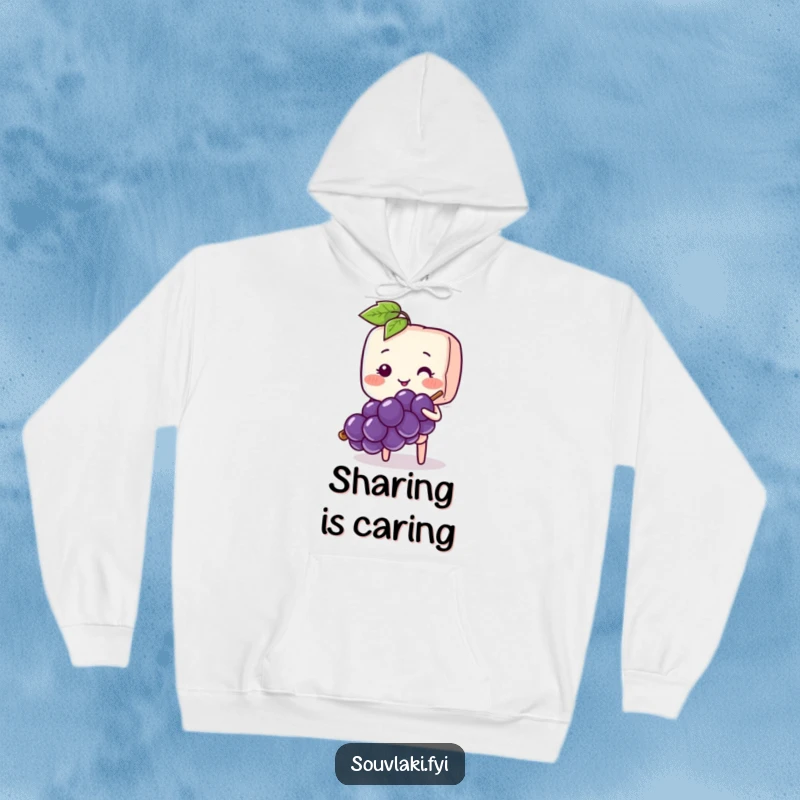 Funny Souvlaki Skewer Shy Hug Hoodie: A blushing souvlaki skewer character shyly offers a grape.