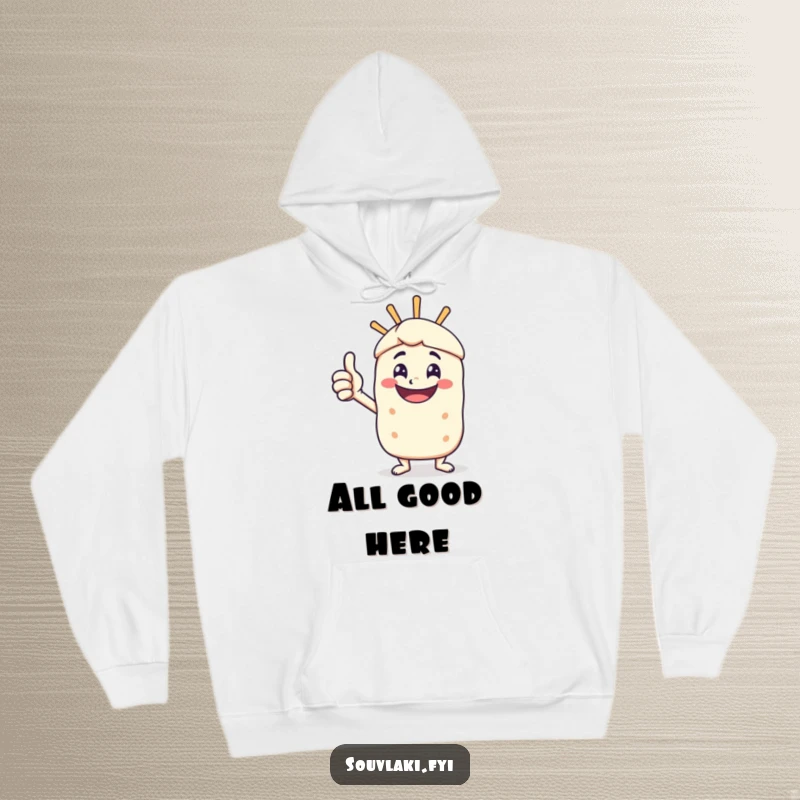 Funny hoodie depicting a happy souvlaki skewer character giving a strong, positive thumbs-up.