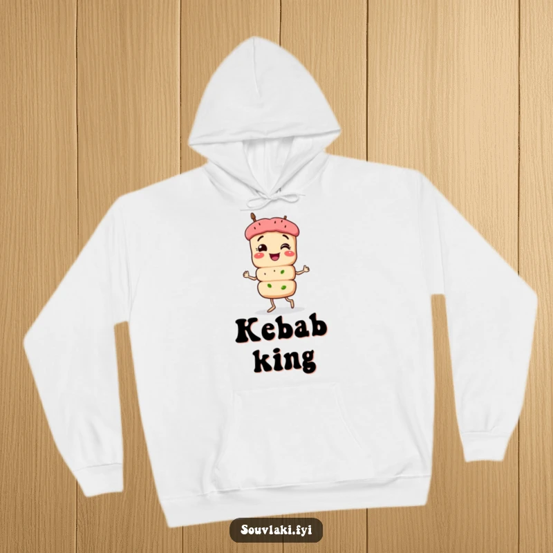 Funny Souvlaki Hoodie: A smiling souvlaki skewer character struts proudly, exuding humor and delicious charm in a comfortable hoodie.