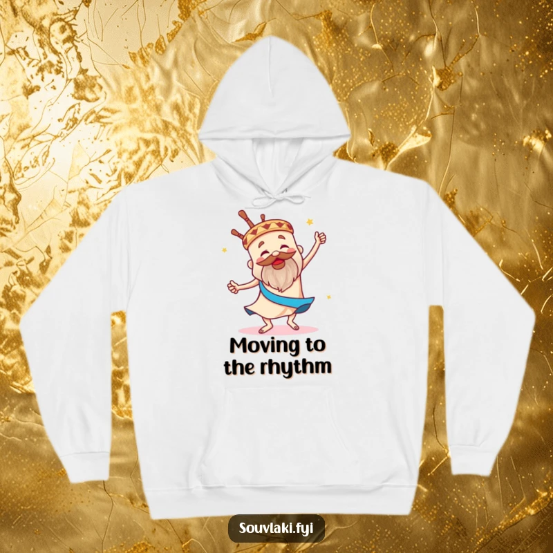 Funny hoodie featuring a souvlaki dancing the sirtaki with gusto, embodying warmth, comfort, and Greek celebration.