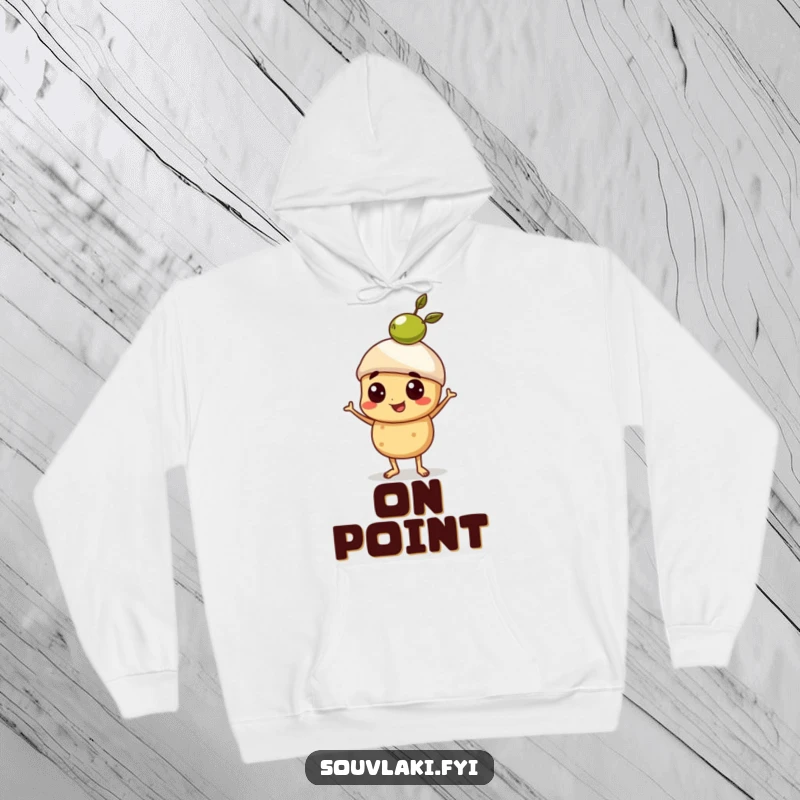 Funny Hoodie featuring a proud souvlaki character with an olive balanced on its head, emphasizing skill and humor.