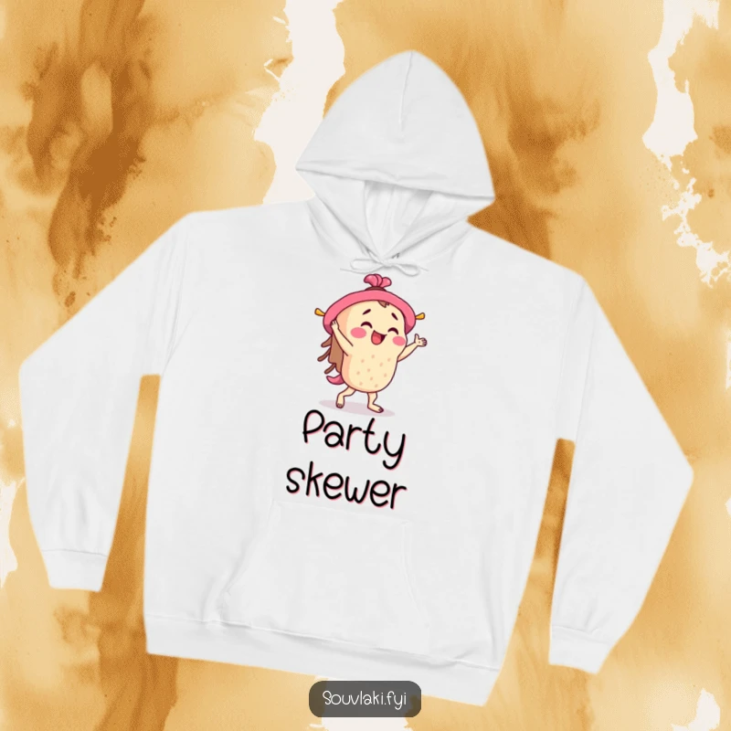 Funny Souvlaki Hoodie: A souvlaki skewer character enthusiastically jigs, bringing warmth and humor to this cozy apparel.