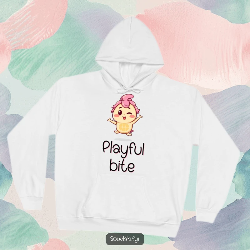 Funny Souvlaki Hoodie: A souvlaki skewer character winks while hopping, bringing warmth and playful humor to this cozy hoodie.