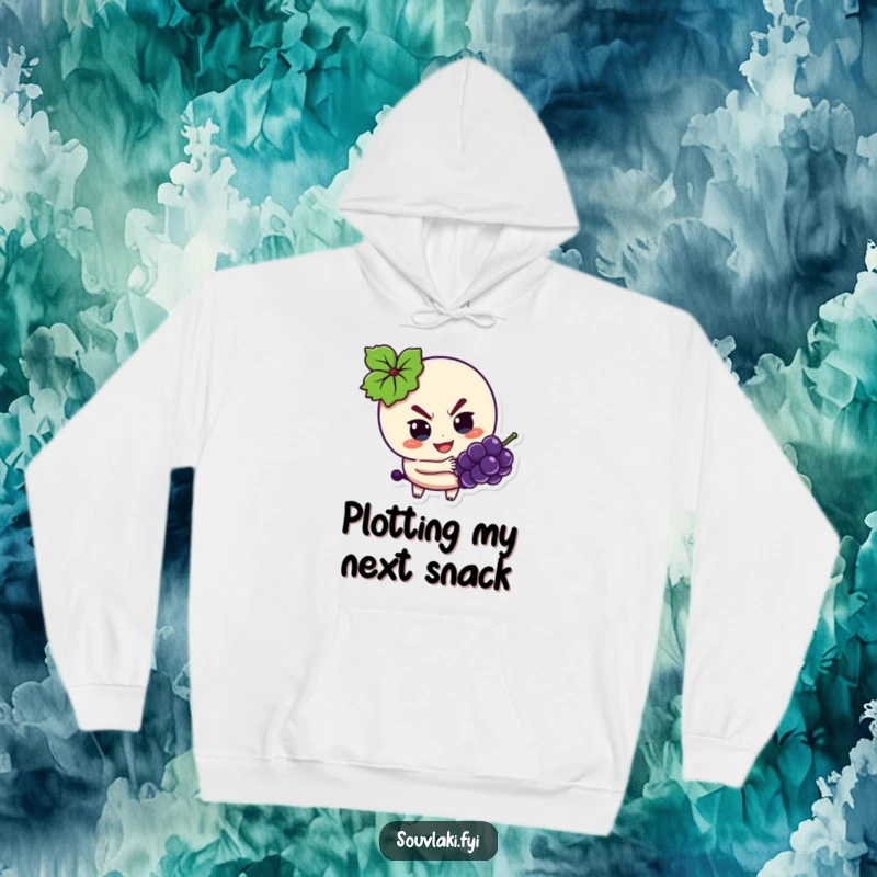 Funny Hoodie: Souvlaki character with a mischievous expression, sneakily reaching for a grape.