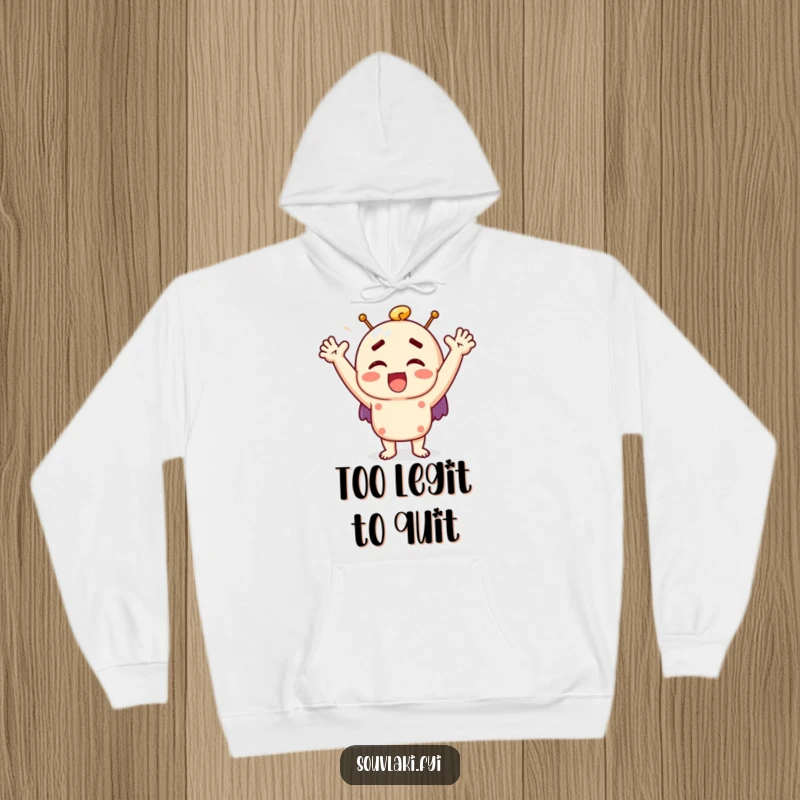 Funny souvlaki hoodie showcasing a character exclaiming with joy and raised arms, a delightful piece of apparel.